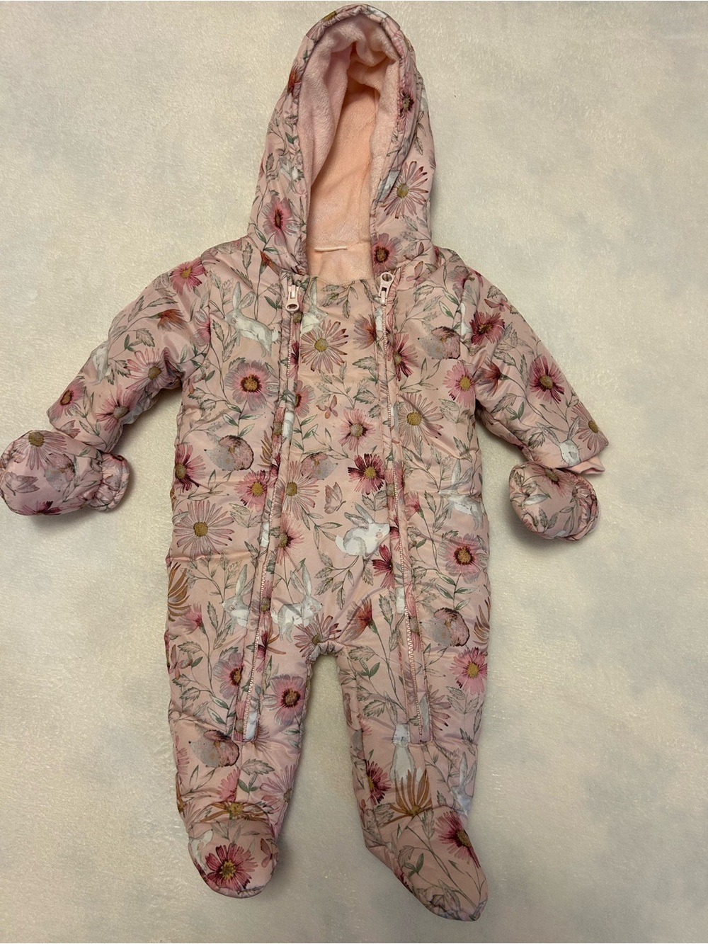 New Next Pink Floral Hooded Baby One-piece Footed Snowsuit, Size 0-3M